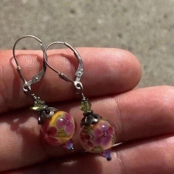 Vintage Sterling Silver Dangle Floral Beaded Pink Multicolor Flower Earrings - Picture 9 of 10